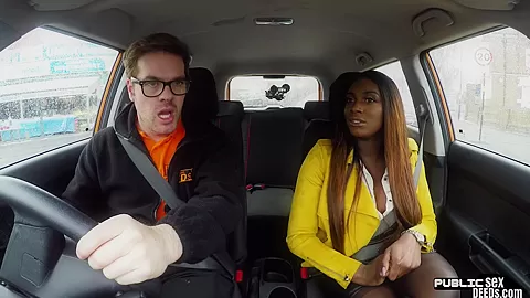 Busty ebony car babe publicly fucks instructor