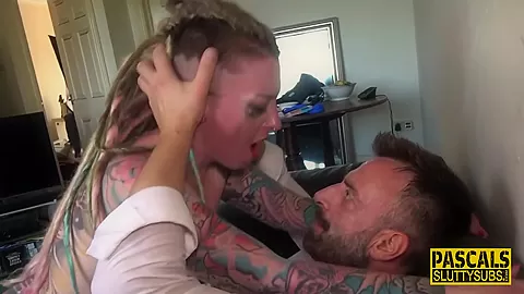 Inked submissive gets spanked and fucks