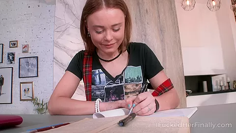 Lazy student 18+ squeezes her boobs when tutor walks into the room