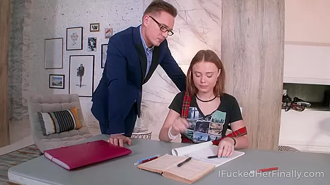 Lazy student 18+ squeezes her boobs when tutor walks into the room