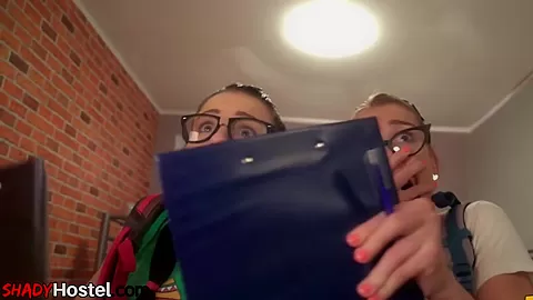 Teenage babes sharing cock in trio after checking into room