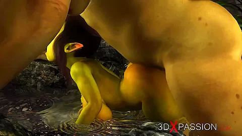 Green monster Ogre fucks hard a horny female goblin Arwen in the enchanted forest