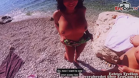 German latina couple pick up big tits bitch for outdoor threesome ffm at the beach