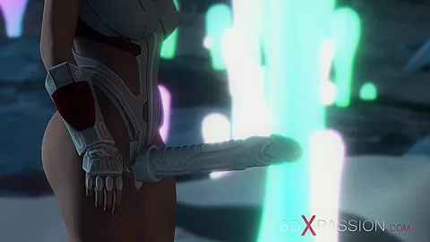 Alien sex. Spacewoman in spacesuit plays with alien on the exoplanet