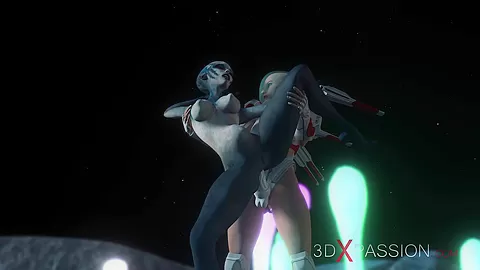 Alien sex. Spacewoman in spacesuit plays with alien on the exoplanet