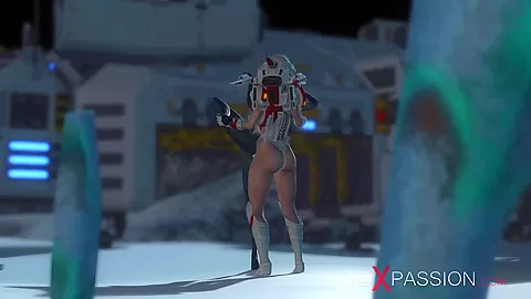 Alien sex. Spacewoman in spacesuit plays with alien on the exoplanet