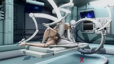 Alien lesbian sex in sci-fi lab. Female android plays with an alien