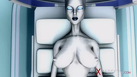 Alien lesbian sex in sci-fi lab. Female android plays with an alien