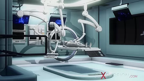 Alien lesbian sex in sci-fi lab. Female android plays with an alien