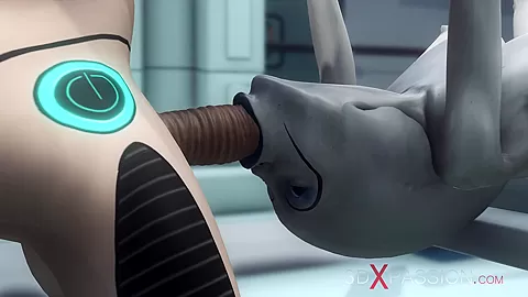 Alien lesbian sex in sci-fi lab. Female android plays with an alien