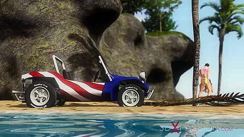 Hot sex! Dune buggy, topical beach and horny sexy brunette