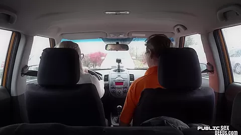 Public euro babe blowing driving instructor