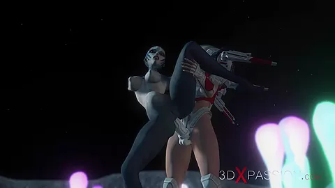 Hot sex on th exoplanet! An alien gets fucked by a spacewoman in spacesuit with strapon