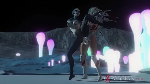 Hot sex on th exoplanet! An alien gets fucked by a spacewoman in spacesuit with strapon