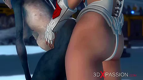 Hot sex on th exoplanet! An alien gets fucked by a spacewoman in spacesuit with strapon
