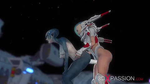Hot sex on th exoplanet! An alien gets fucked by a spacewoman in spacesuit with strapon