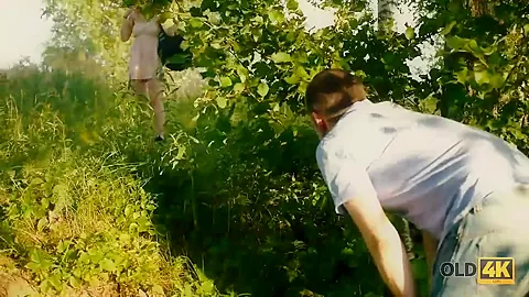 OLD4K. Bookworm doesnt mind having outdoor sex with hungry old guy