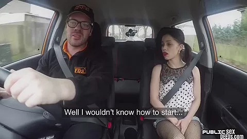 Petite british driving student 18+ rides instructor