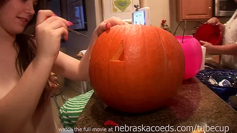 Naked Pumpkin Carving Brunette With Perfect Clam