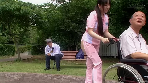 Subtitled bizarre Japanese half naked caregiver outdoors