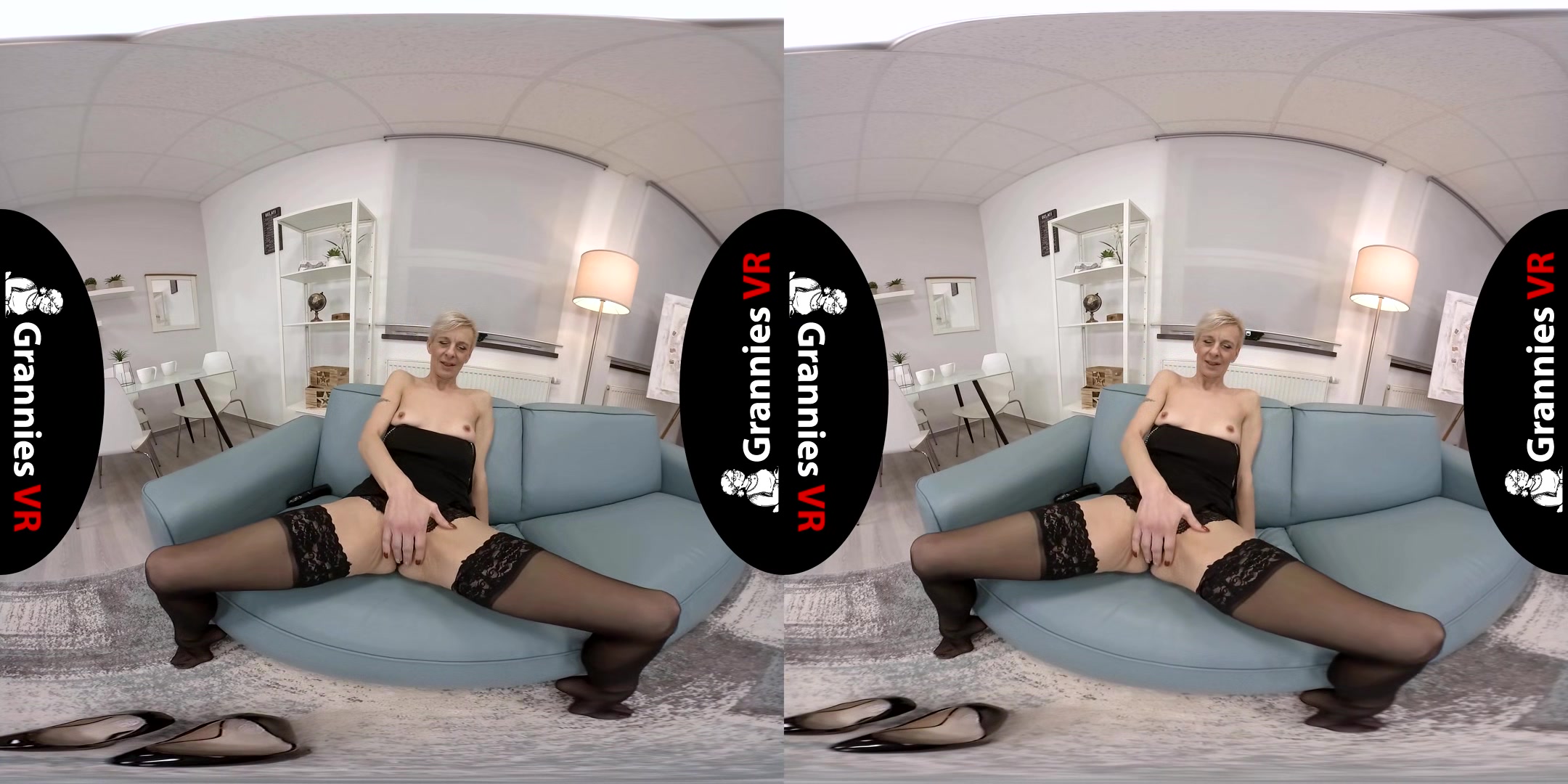 Lady Belinda Solo On The Couch; Solo Striptease Mature Gilf Milf Blonde Heels Nylons Toys Masturbation
