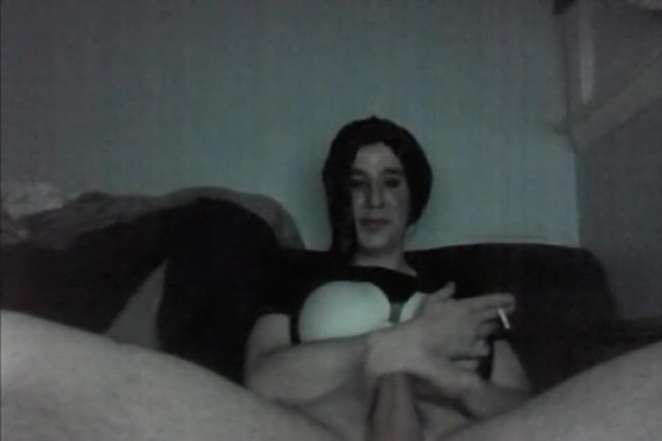 Hot crossdresser smokes and strokes