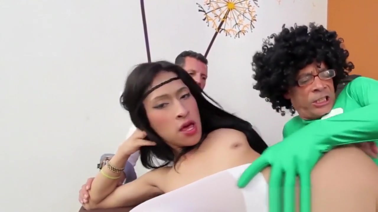 Stockinged latina tgirl fucked while tugging