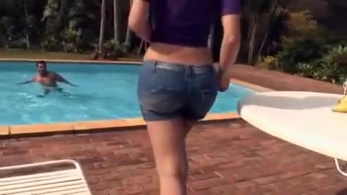 Hunk Rides blonde trannys penis Poolside