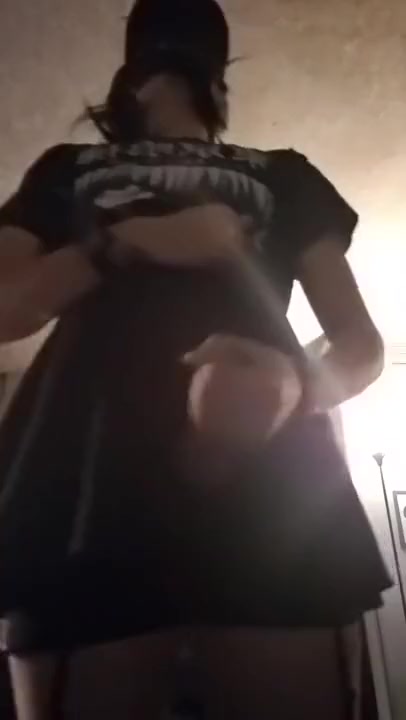 Crossdressing tall femme boy strokes cock and cums