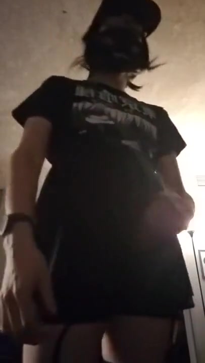 Crossdressing tall femme boy strokes cock and cums