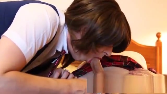 horny Crossdresser In School Uniform Sucks penis Till TV Cums In Her face hole