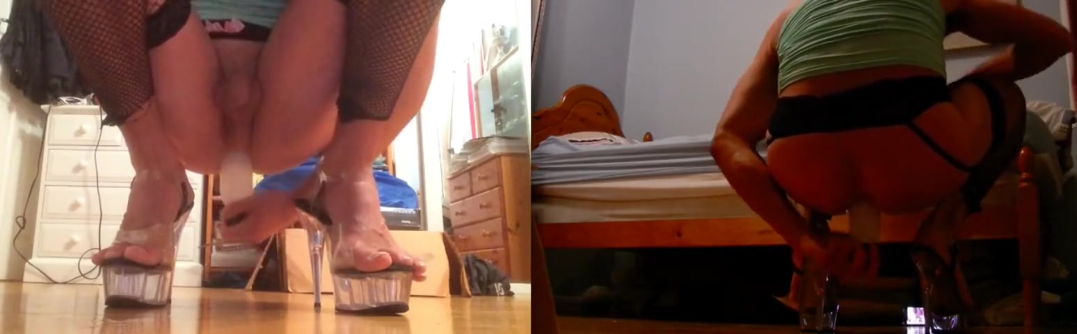 Sissy fucked by big dildo - split screen camera angles