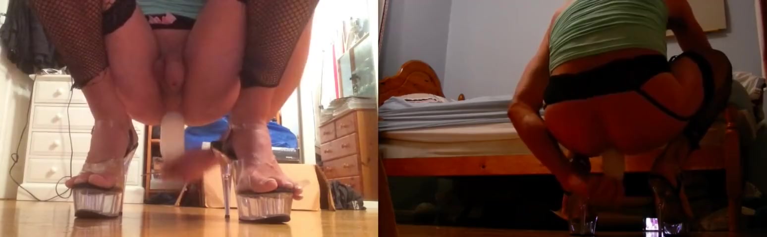 Sissy fucked by big dildo - split screen camera angles
