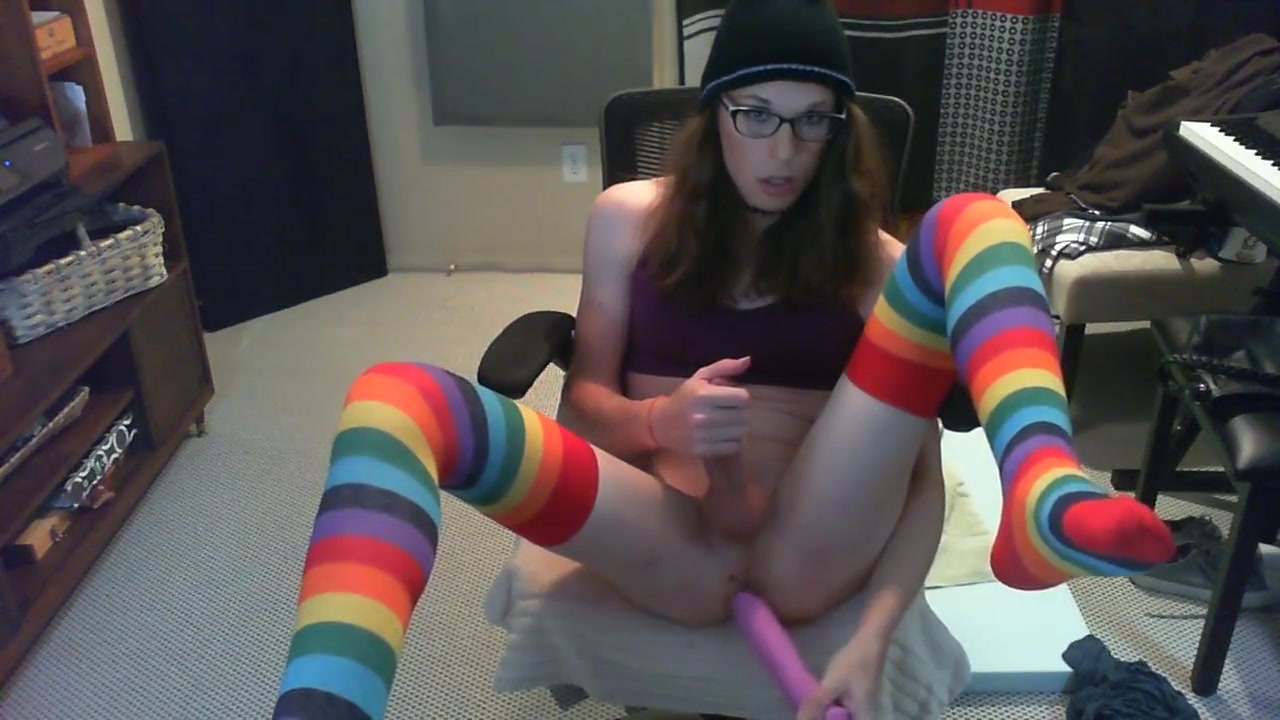 Cute tgirl fingers ass and struggles with a huge vibrator