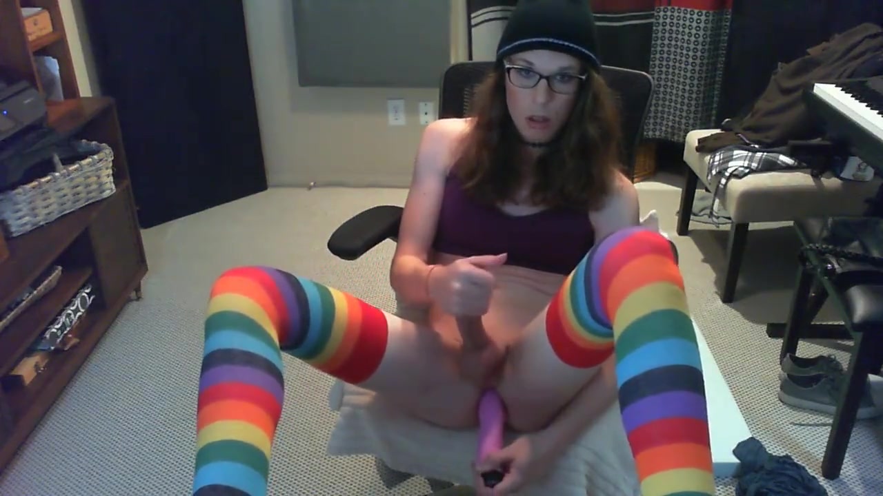 Cute tgirl fingers ass and struggles with a huge vibrator