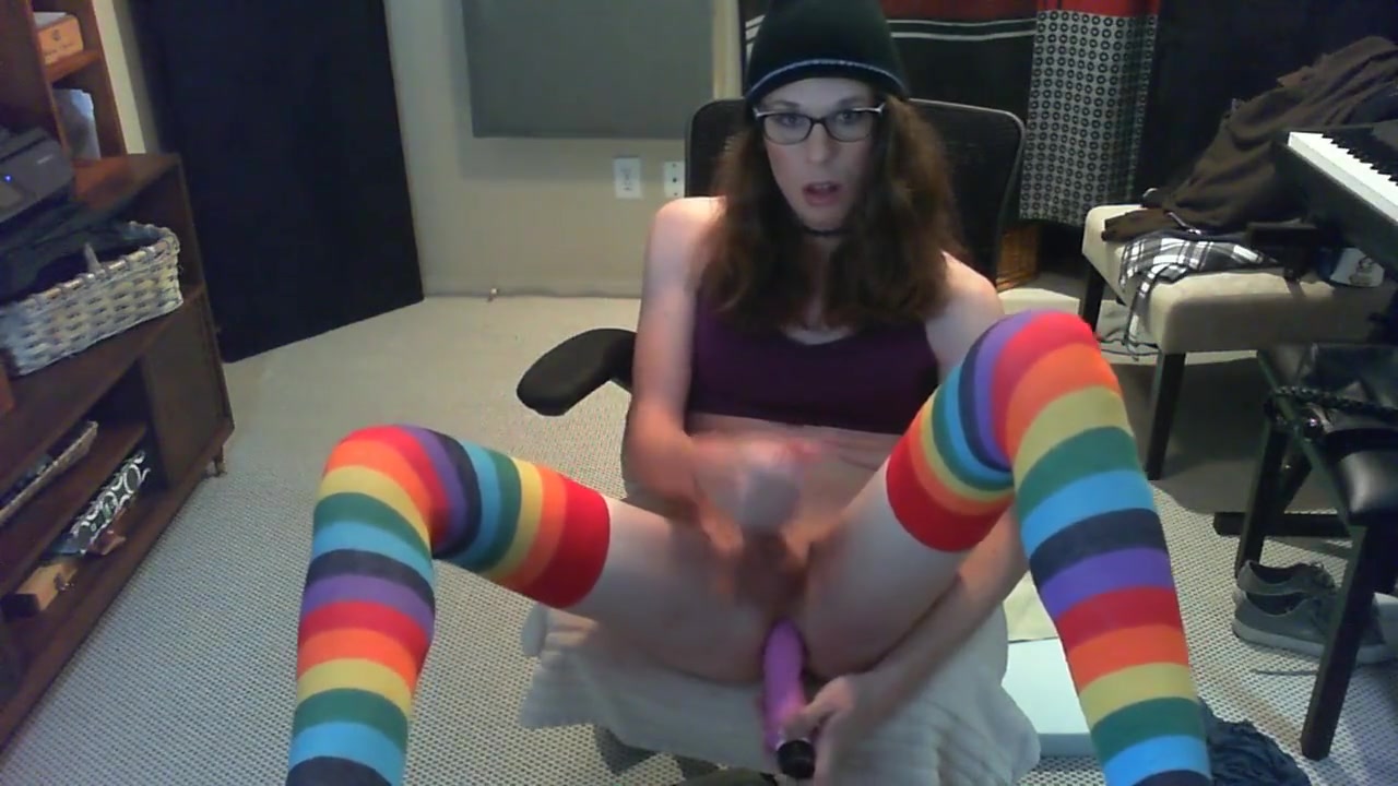 Cute tgirl fingers ass and struggles with a huge vibrator