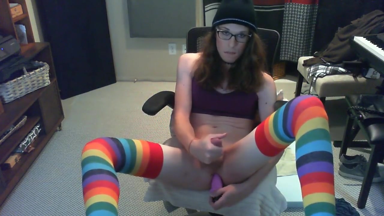 Cute tgirl fingers ass and struggles with a huge vibrator