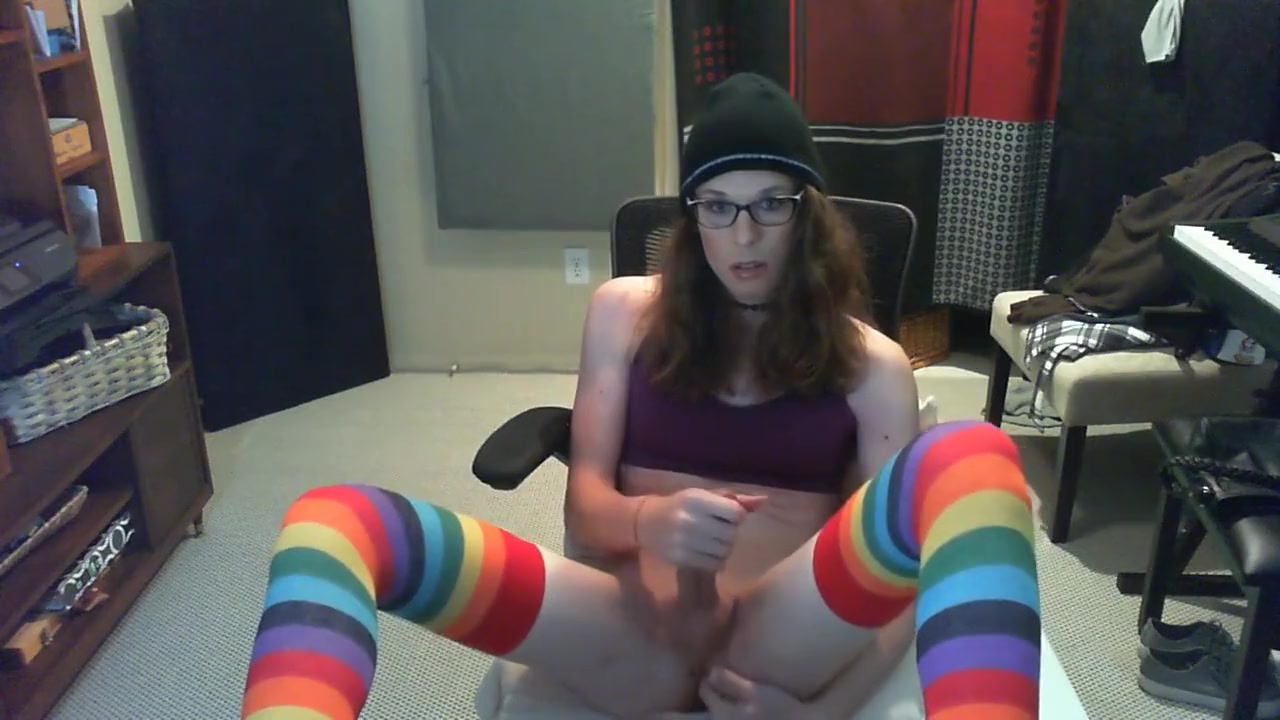 Cute tgirl fingers ass and struggles with a huge vibrator