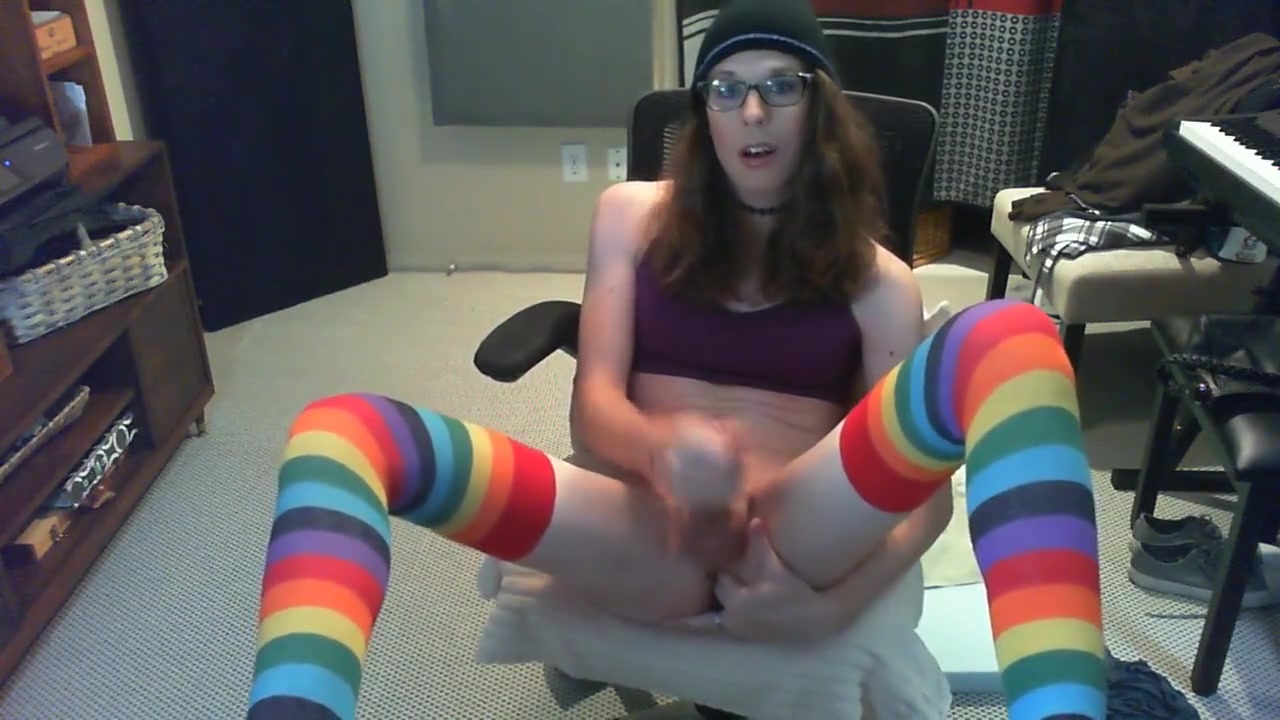 Cute tgirl fingers ass and struggles with a huge vibrator