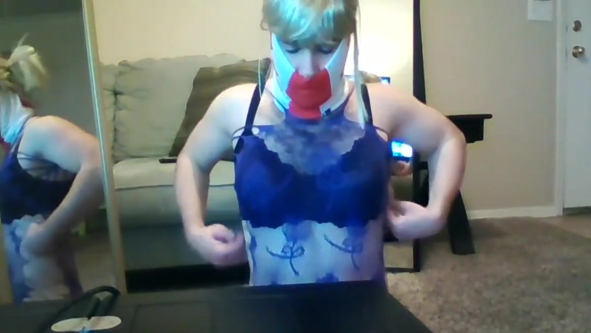 blonde canada crossdresser in purple lingerie