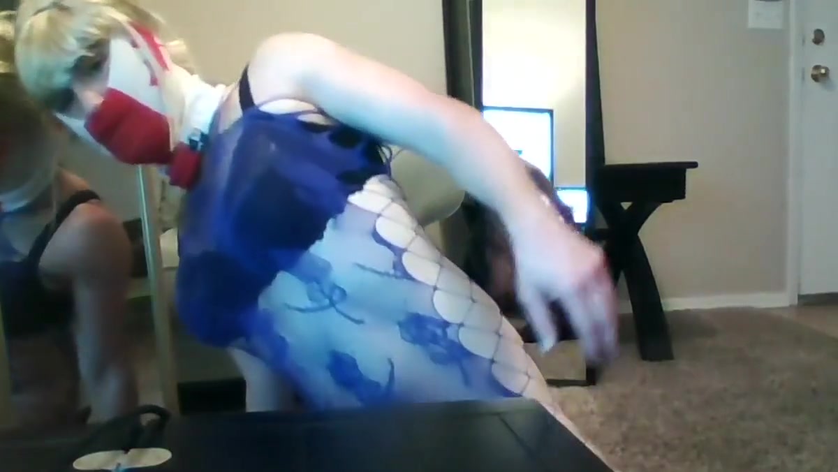 blonde canada crossdresser in purple lingerie