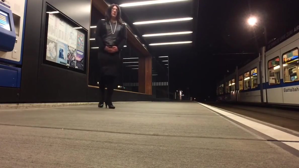 Crossdresser exposing at tram station