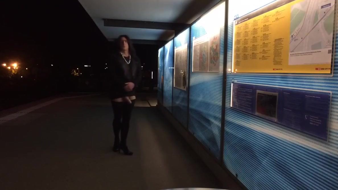 Crossdresser exposing at tram station