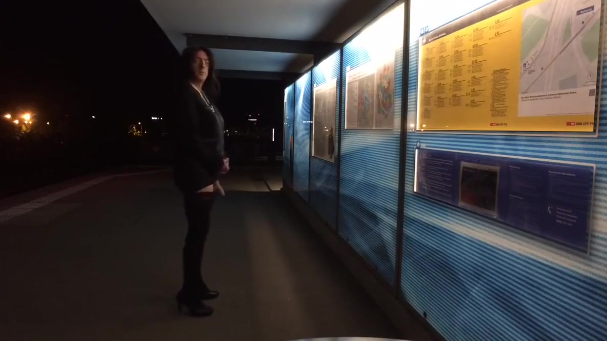 Crossdresser exposing at tram station