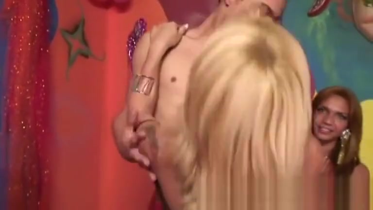 Three shemales and straight guy