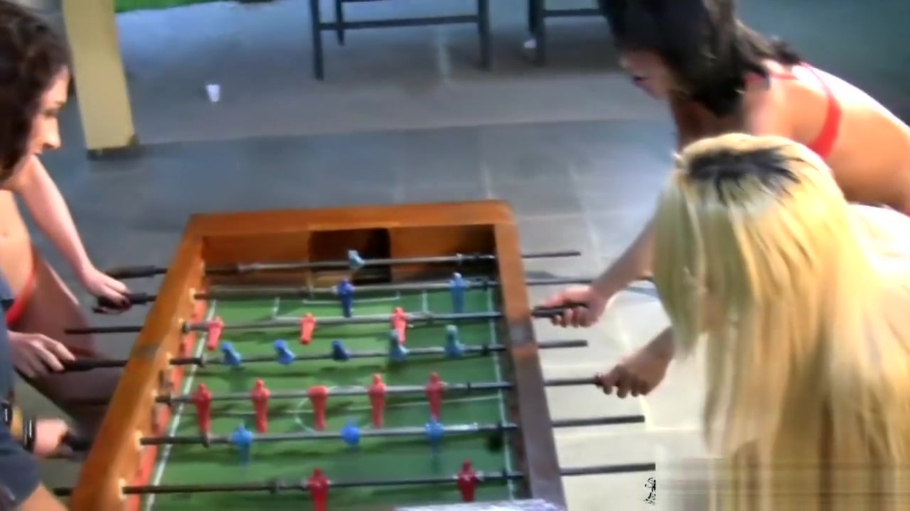 Four T-girls play foosball in lingerie and bang big asses