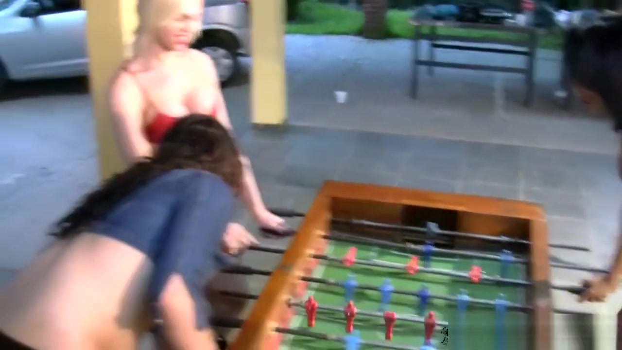 Four T-girls play foosball in lingerie and bang big asses