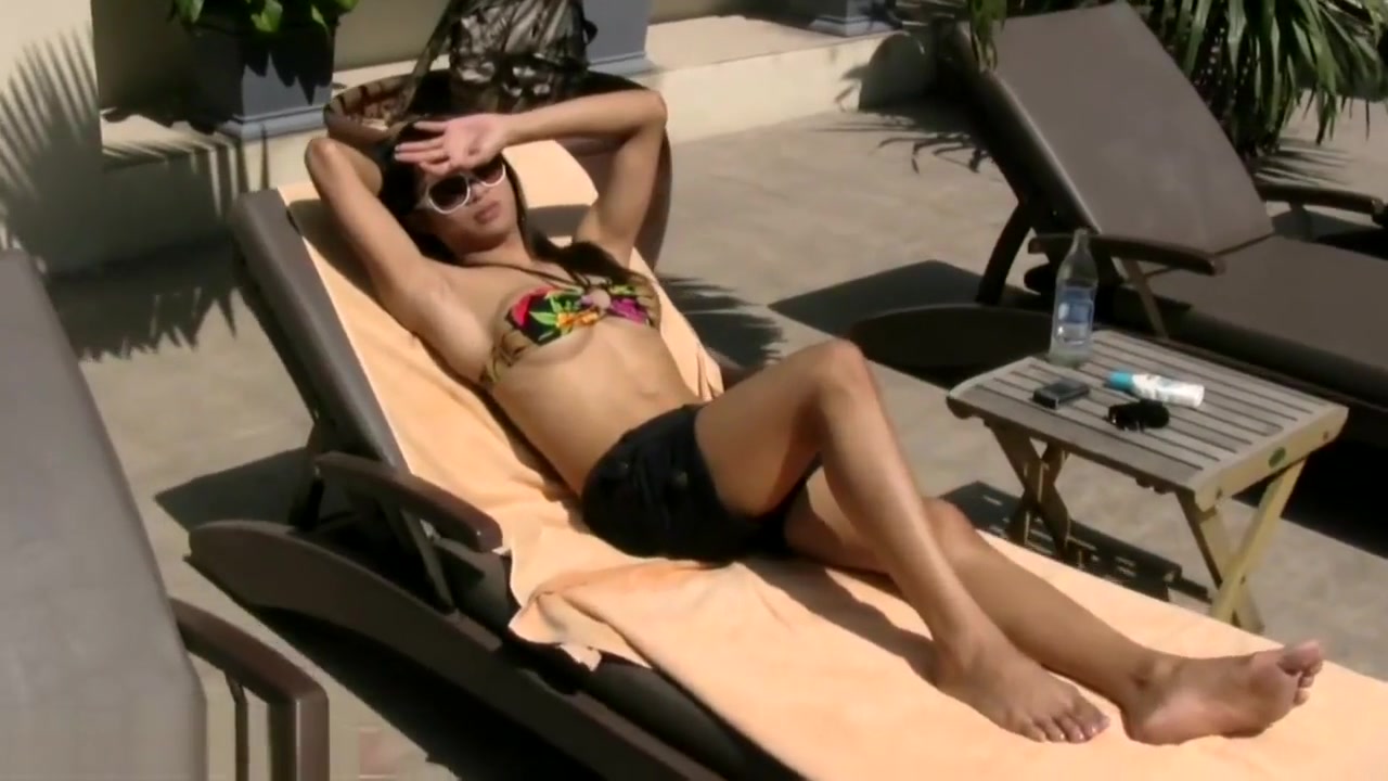 Busty ladyboy is sucking big cock after modeling at the pool