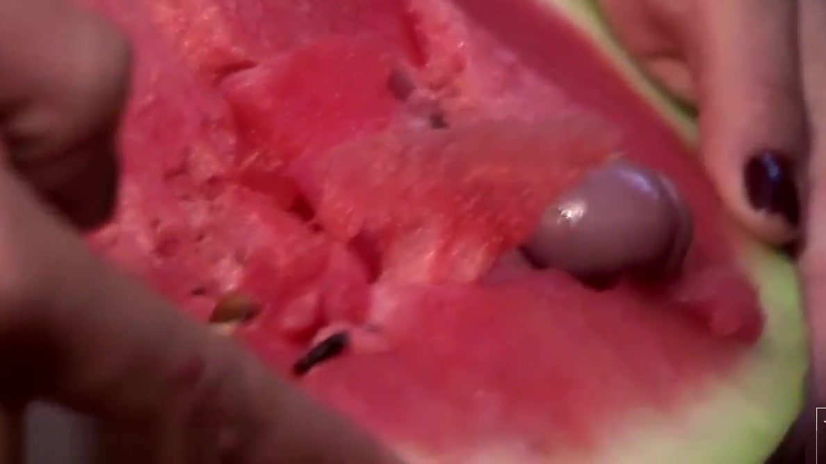 Lovely shemale pounds a watermelon so hard that she cumshots