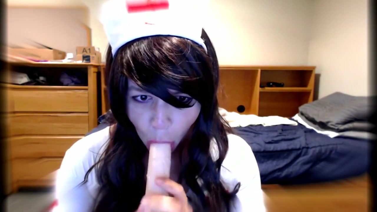 Cute Crossdresser Nurse Blows Dildo